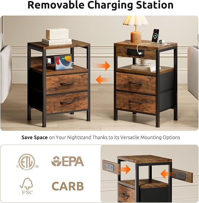 Lazzanto NightStand Bedside Charging Table Bedroom - Brown Night Stand with Charger Station, Modern Bed Side End Table with Open Shelf & 2 Fabric Drawers, USB-C Port for Dorm, Living Room - Image 3