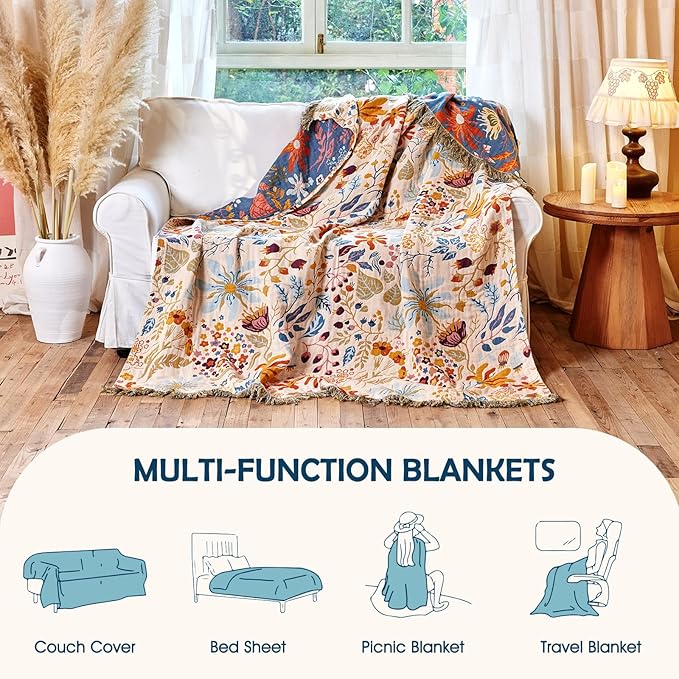 Boho Throw Blanket - 100% Cotton Throw Blankets for Bed Couch, 50"x60" Soft Muslin Lightweight Spring Throw Blanket, Cozy Floral Butterfly Printed Bohemain Bedding Decor Beige Throw Quilt