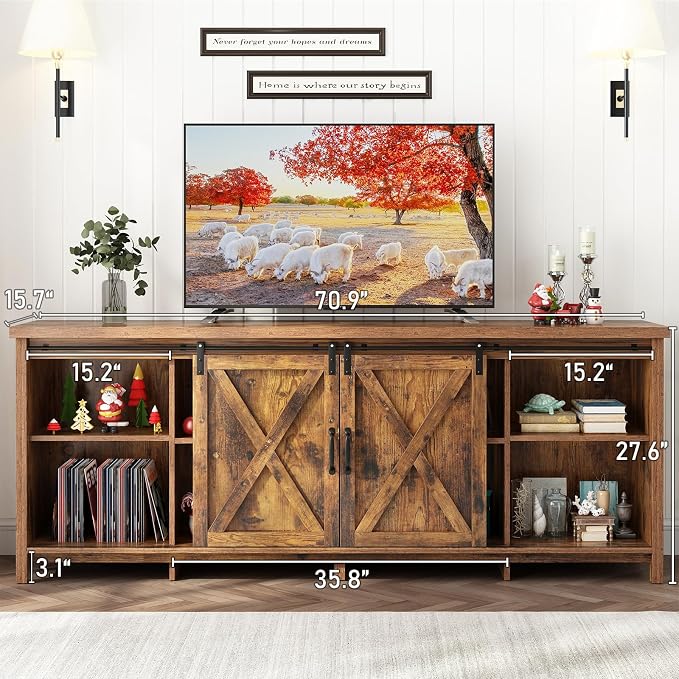 70" Farmhouse TV Stands for 70 75 80inch TV w/Adjustable Shelves,Sliding Barn Door.Wooden Entertainment Center,TV Console Cabinet with Storage for Bedroom Living Room(Brown 70in) - Image 2