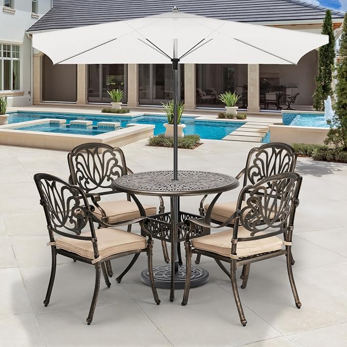 VINGLI 5-Piece Outdoor Patio Dining Set, Cast Aluminum All-Weather Outdoor Table and Chairs w/Cushion, Outdoor Furniture Set w/Umbrella Hole for Backyard Deck Poolside (Round, Elizabeth Back) - Image 2
