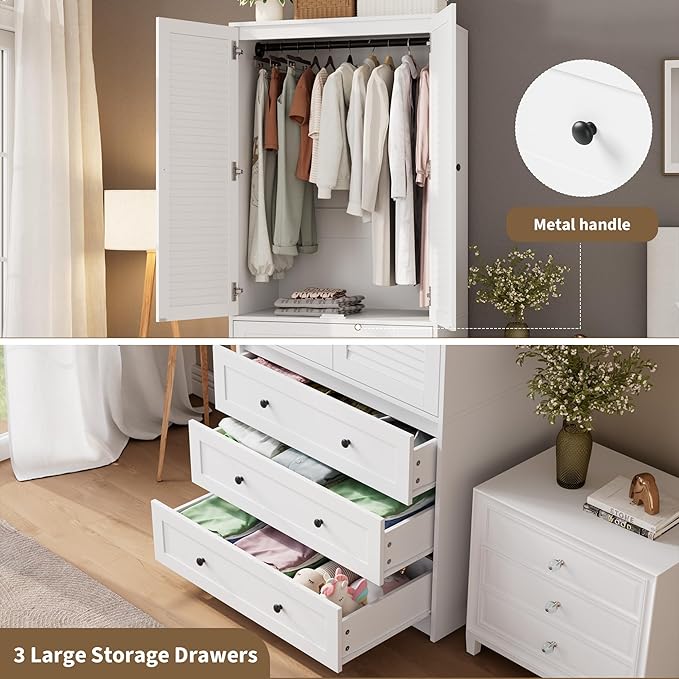 GarveeHome Armoire Wardrobe Closet with Drawers, 69.5 in Wooden Wardrobe Cabinet with Hanging Rod, 2 Doors Clothing Storage Cabinet for Bedroom, Large Capacity Storage, Louvered Door, White