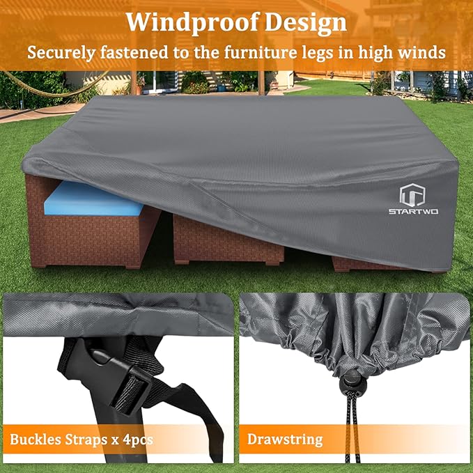 STARTWO Patio Furniture Covers Waterproof, Anti-UV Tear-Resistant 500D Heavy Duty 7-12 Seats Outdoor Furniture Cover for Sectional Sofa and Table Chairs, 110"x84"x28", Grey - Image 4