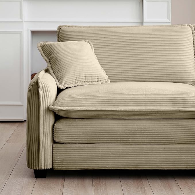 KEIKI 115" L-Shaped Oversized Corduroy Modular Sectional Sofa with 1 Ottoman, High-Density Foam Cushions, Removable Armrests, Upholstered 3-Seater Corner Couch with 5 Pillow, for Living Room, Tan