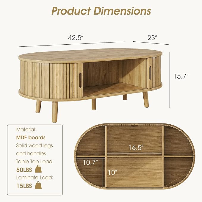 Alohappy Oval Coffee Table, Mid Century Modern Coffee Table with Sliding Tambour Door, Fluted Center Table with Hidden Storage, Curved Profile Dining Table for Living Room, Home Office,Natural Oak