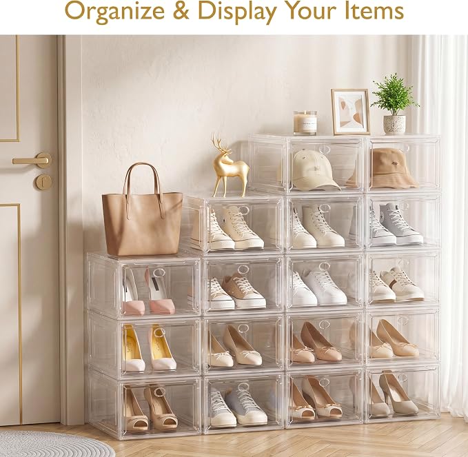 Thickened Clear Shoe Storage Organizer with Magnetic Door, Sturdy Stackable Shoe Boxes for Closet, Collapsible Space-Saving Shoe Rack for Sneakers & Boots, Plastic Shoe Cabinet Box Set, 6 Pack, White - Image 9