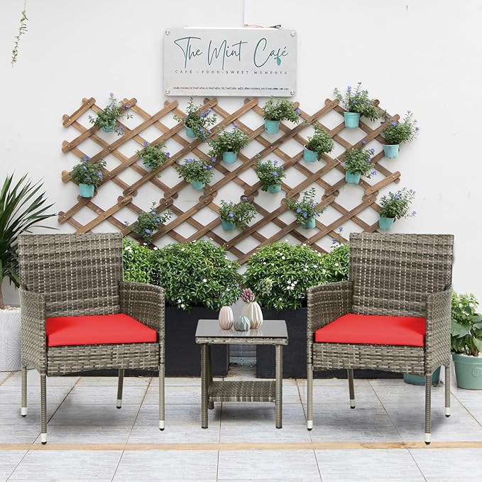 PayLessHere Set of 3 Outdoor Furniture Set Patio Furniture Set Gray Conversation Set with 2 Rattan Chairs Glass Coffee Table for Coffee Bar Poolside Patio Outdoor, Red Cushions