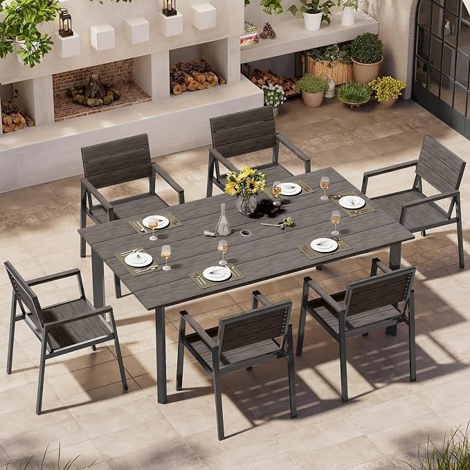Outdoor Dining Set for 6, Patio Table and Chairs Set with Umbrella Hole, 7 Pieces HDPS + Aluminum Outdoor Furniture Sets for Patio, Garden (Charcoal) by Oasbira