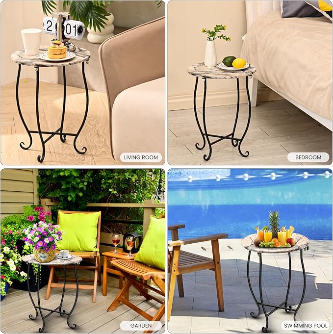 Patio Side Table, Versatile 14" Round Side Table Metal Stand for Balcony Yard Porch Bedside Rocking Chair and Pool Chair, Weather Resistant Accent Table for Indoor Outdoor Use, Easy Assembly - Image 6