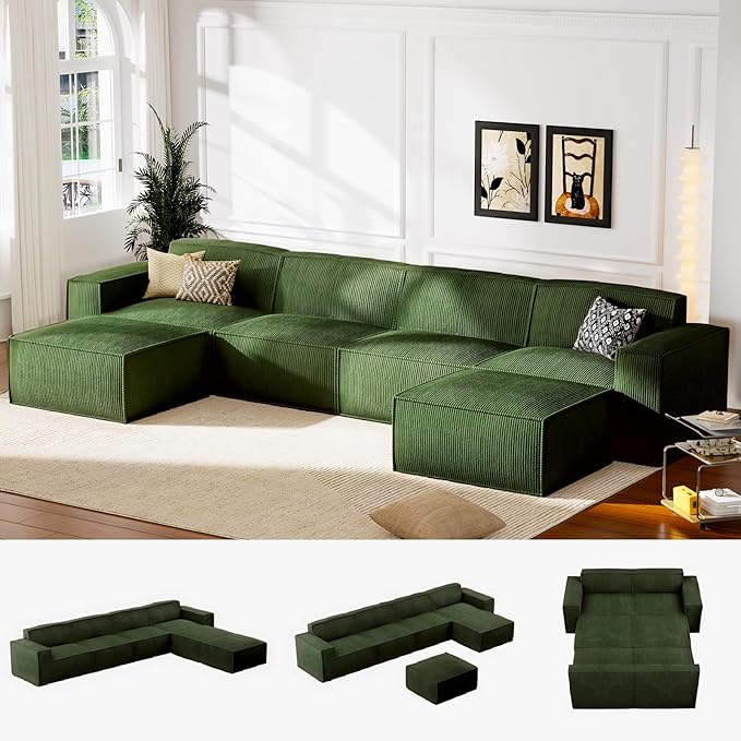 Marsail 111' Modular Sectional Sofa, L-Shape Corduroy Cloud Couch with Deep Seat, Freely Combinable Boneless Sofa for Living Room, No Assembly Required, Dark Green