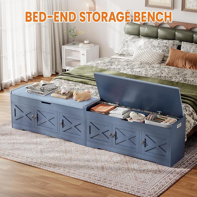 Farmhouse Shoe Storage Bench with Cushion Seat, 3-Tier Entryway Bench with Lift Top Storage and Adjustable Shelf, Bench for Hallway, Bedroom, Blue - Image 7