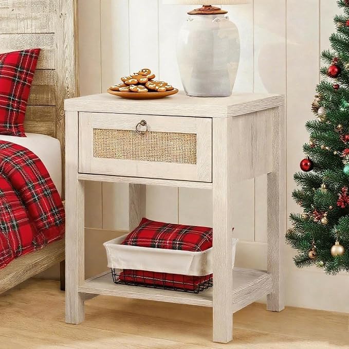 VOWNER Rattan Nightstands Set of 2 - Farmhouse Bedside Table Night Stand with Drawer and Storage Shelf, Boho End Side Table for Bedroom, Mesitas De Noche para Dormitorio, Light Oak - Image 2