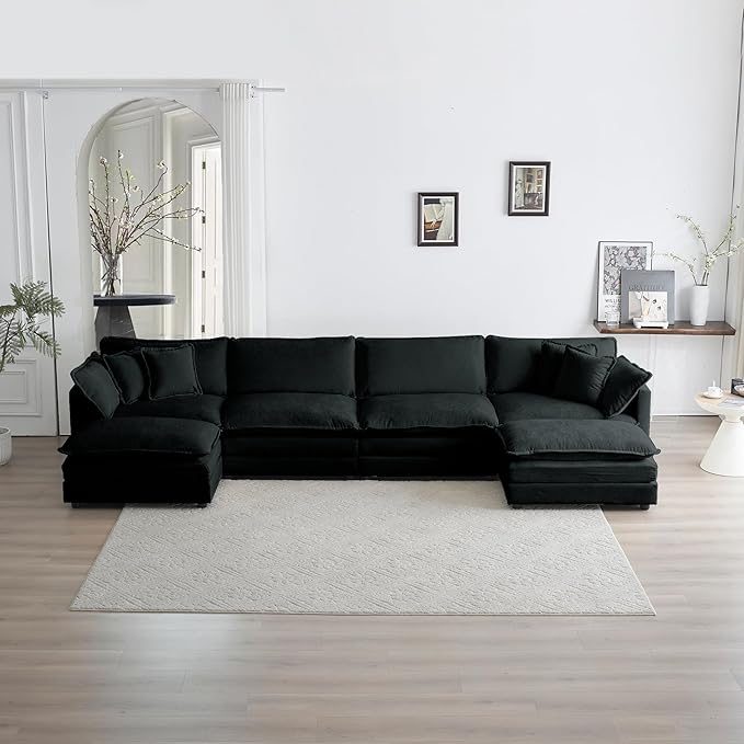 ERYE U-Shaped Oversized Sectional Sofa Modern Deep Seat Reversible Chaises Sofa&Couch with Movable Ottomans and 6 Pillows, Modular Sleeper Upholstered Couch for Living Room, Apartment, Studio, Office