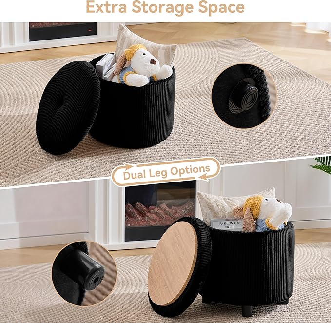 WUTUTUEE Corduroy Storage Ottoman with Flip-Top Tray, Modern Upholstered Ottoman Coffee Table, Dual Leg Options Ottoman Footrest for Living Room, Bedroom, Office, Black