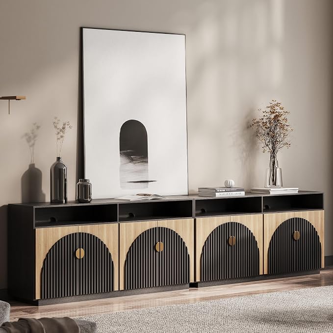 BELLEZE Set of 2 65 Inch Fluted TV Stand, Mid Century Modern Entertainment Center with Storage Cabinets & Open Shelves, Media Console TV Cabinet with Adjustable Shelves for Living Room, Camel by BELLEZE