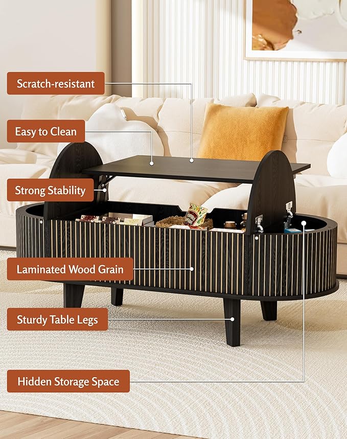 Oval Lift Top Coffee Table with Storage, Fluted 47" Wood Mid Century Modern Coffee Table for Living Room, Black