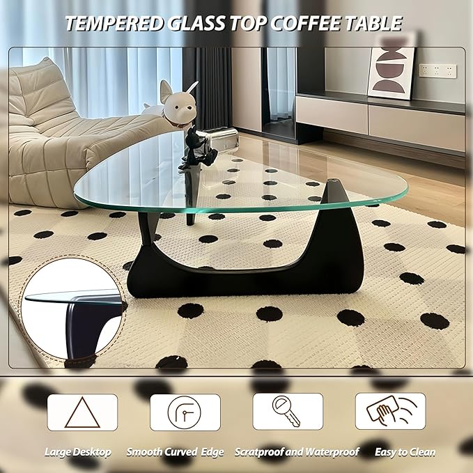 35.5″ Mid Century Modern Coffee Table, Unique Glass Coffee Tables for Living Room, Walnut Triangle Glass Top Center Tables with Wooden Base for Home Office Hotel