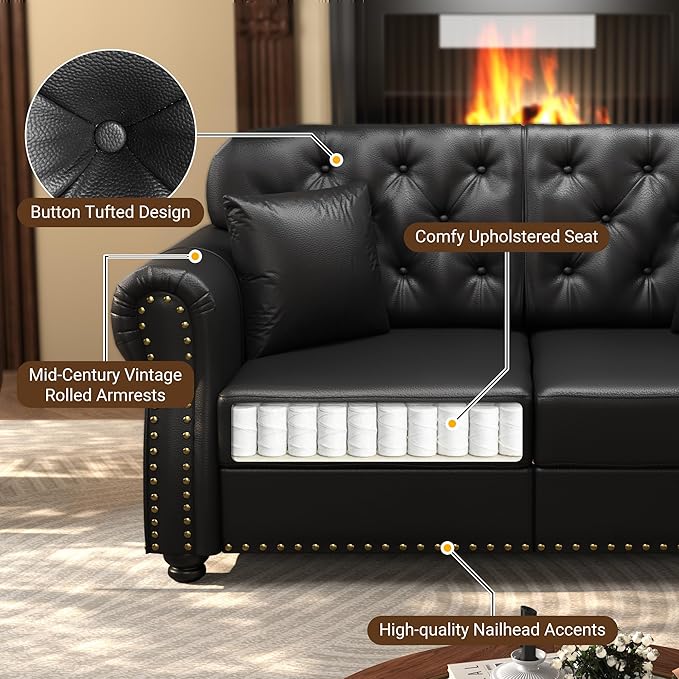 KEIKI 2-Piece Chesterfield Sofa Set with 1 Faux Leather 3-Seater Sofa & 1 Loveseat Sofa, Upholstered 5-Seater Couch Set with Nailhead Trim & Rolled Arms & 1 Ottoman & 5 Pillow, for Living Room, Black