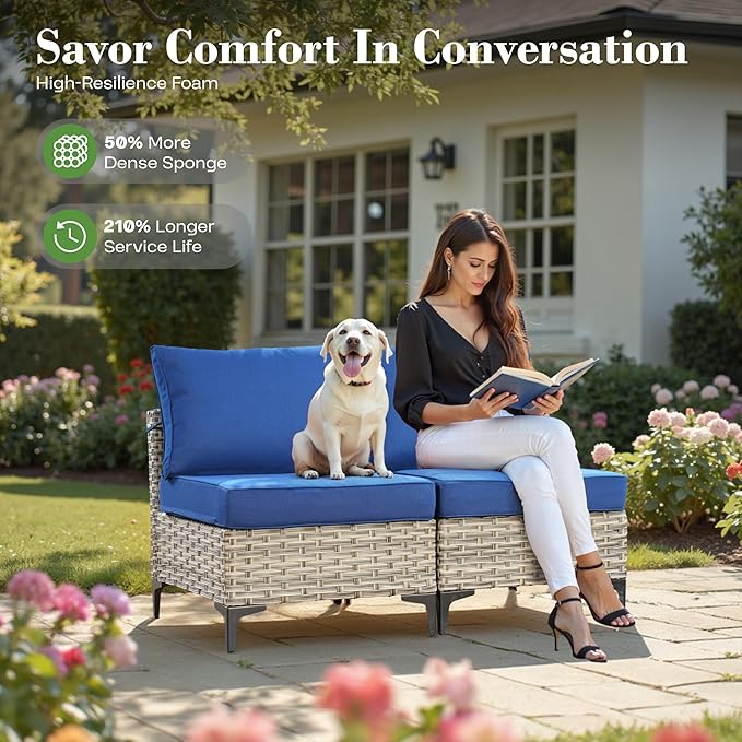 10 Piece Outdoor Patio Furniture with Swivel Rocking Chair, Rattan Wicker Conversation Set with Glowing Coffee Table, Sectional Single Chairs for Porch Balcony Backyard Pool,Blue