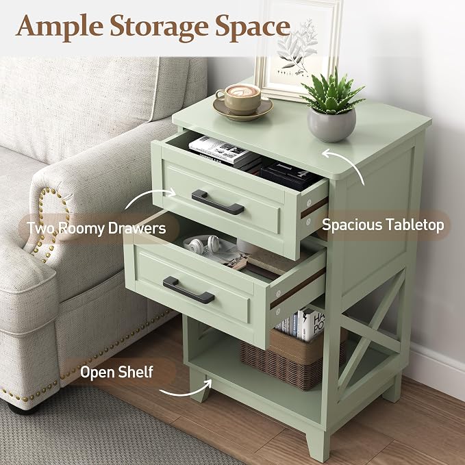 RoyalCraft 30" Tall Nightstand, Modern Painted Bedside Table with 2 Drawers and Open Shelf, Wood Side Table for Bedroom, Home Office, Green-Open Shelf Below, Set of 1 - Image 3