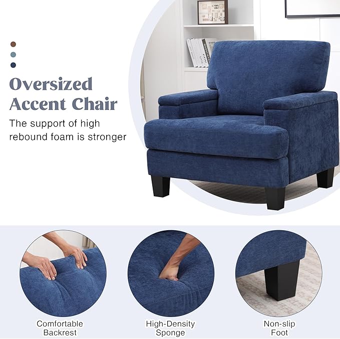 Oversized Accent Chair Set of 2 with Storage Armrest, Modern Upholstered Reading Living Room Chairs, Comfy Large Armchair, Fabric Single Sofa Chair for Bedroom (Navy Blue)