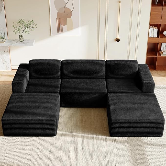 Vesgantti 119" Oversized U-Shaped Modular Sectional Sofa, Corduroy Cloud Couch with Deep Seating & Spring Support, Convertible Sofa with 2 Ottomans, Boneless Couch, No Assembly Required, Black