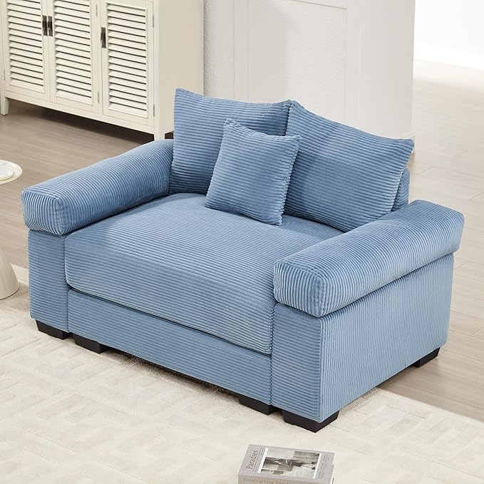 KEIKI 54" Oversized Corduroy Modular Sectional Single Sofa with High-Density Foam Cushions, Extra-Thick Armrests, Upholstered Modern 1-Seater Lounge Accent Chair with 3 Pillow, for Living Room, Blue
