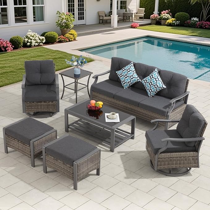 Outdoor Patio Furniture Set, 7 Pieces Outdoor Conversation Sets with Coffee Table, Side Table & Ottoman, Wicker Rattan Outdoor Sectional Sofa Set for Backyard, Deck, Porch, Poolside, Gray