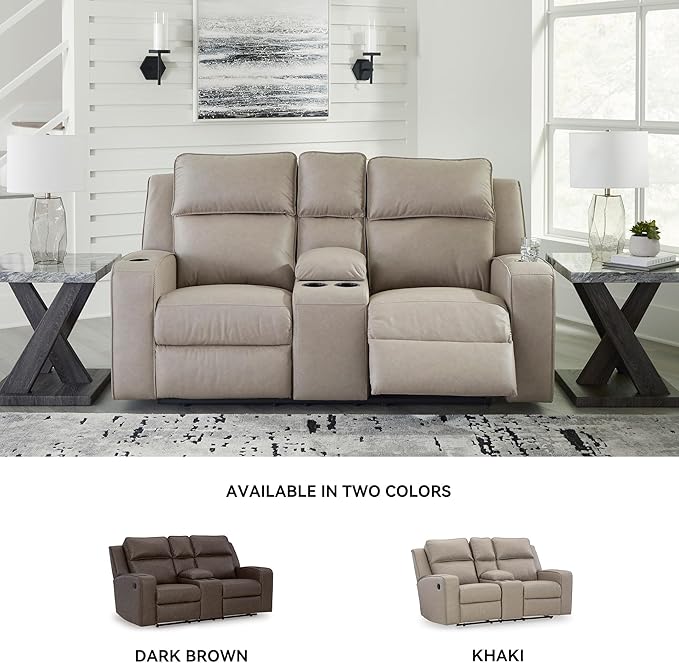 Signature Design by Ashley Lavenhorne Contemporary Faux Leather Manual Reclining Loveseat with Console and Cup Holders, Beige