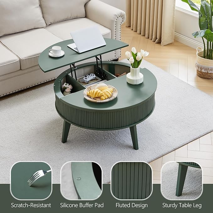 Round Lift Top Coffee Table with Storage, 35.4'' Fluted Wood Center Table Mid Century Modern Coffee Table with Lifting Top for Living Room, Office, Small Space (Green)