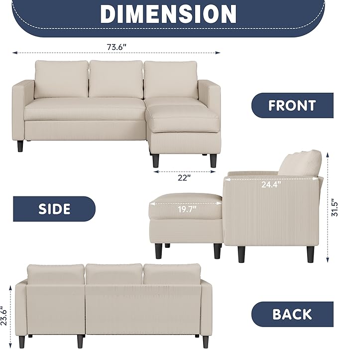 Shintenchi Small Sectional Sofa Couches,L Shape Convertible Sofa with Ottoman,3 Seat Comfy Corduroy Upholstered Sofa Couch,Small Couch for Apartment,Living Room and Office(Beige)