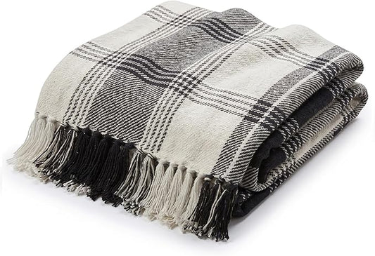 Americanflat 50x60 Throw Blanket - Soft and Breathable Cotton Throw Blanket for Couch, Bed, Chair - Decorative Blankets Perfect for Home, Office, or Outdoor Use - Black and Beige Plaid Design