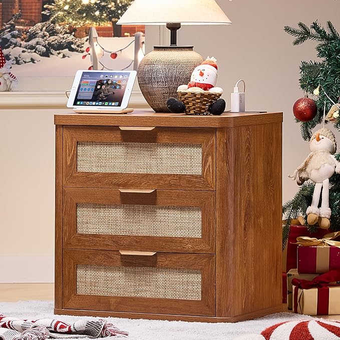 LEYAOYAO Rattan Night Stand with Charger Station, 23" Large 3 Drawer Boho Nightstand, Tea Brown Bedside Table Storage Cabinet, Bed Side End Tables for Bedroom, Living Room, Hallway by LEYAOYAO-Findtheshiningpointofyourideallife%EF%BC%81