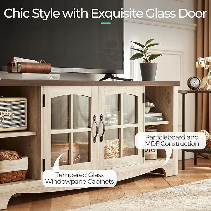 LINSY HOME Farmhouse TV Stand for 65 Inch TV, Wood Entertainment Center with Glass Door Storage Cabinet & Adjustable Shelves, Large Sturdy TV Console Table for Living Room Bedroom - Image 6