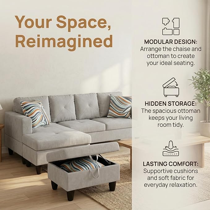 NicBex Modular L-Shaped Sectional Couches, 3-Piece Convertible Couch with Storage Ottoman, 4-Seat Comfy Sofa with Chaise for Living Room & Apartment, Off-White