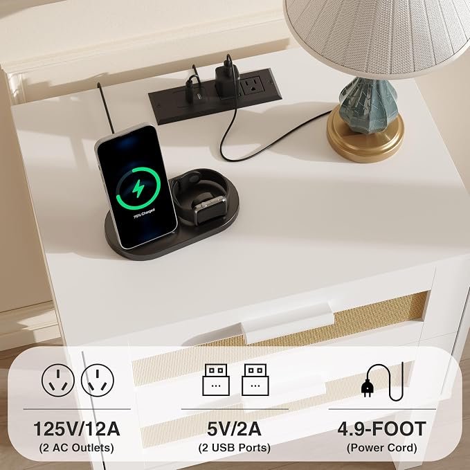 Rattan Nightstand Set of 2 with Charging Station,Boho Bedside Tables with 2 Drawer Cabinet,Natural Wood Bed Side End Tables,Multi-functional storage cabinet suitable for living room, bedroom, hallway - Image 3