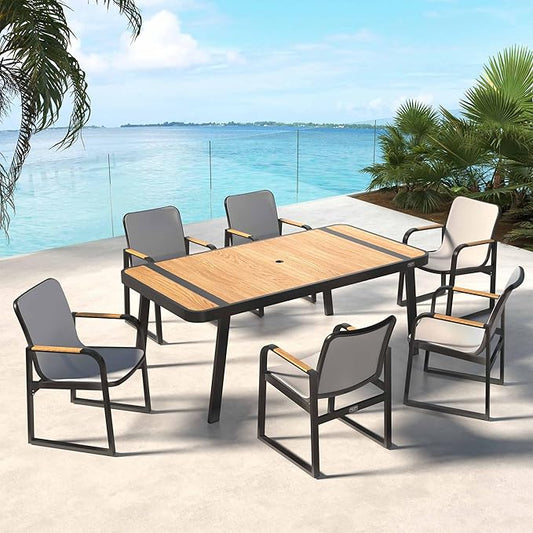 East Oak Signature 7 Pieces Outdoor Dining Set | Durable & Comfortable Patio Dining Table and Chairs for 6 with Teak, Aluminum, and Teslin Fabric in Dark Grey for Garden and Yard