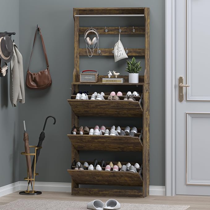 BORNOON Shoe Cabinet with 3 Flip Drawers & Coat Rack, Narrow Hidden Shoe Storage Cabinet, 2-in-1 Hall Tree Slim Freestanding Shoe Rack Organizer for Entryway, Hallway, and Living Room - Image 7