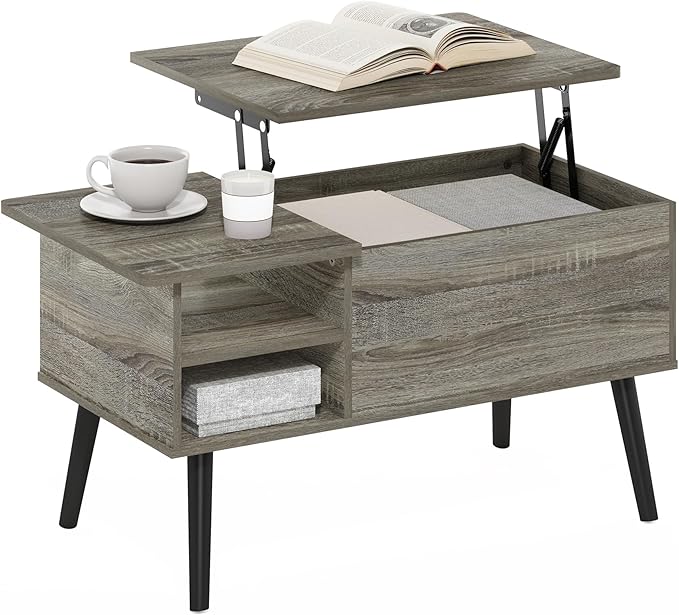 Furinno Jensen Lift Top Coffee Table with Storage Shelf, Side Shelf, Hidden Compartment, for Living Room, Grey Oak