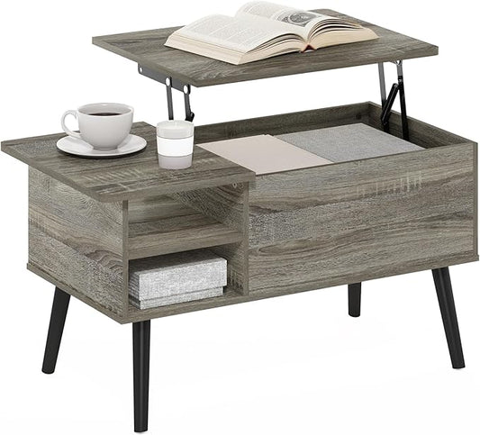 Furinno Jensen Lift Top Coffee Table with Storage Shelf, Side Shelf, Hidden Compartment, for Living Room, Grey Oak