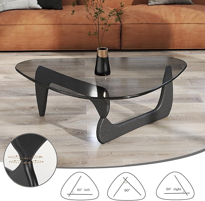 Black Glass Coffee Table for Living Room, Mid Century Modern Coffee Table with Tempered Glass Top and Solid Wood Base, Farmhouse Center Table for Small Space, Tea Tables
