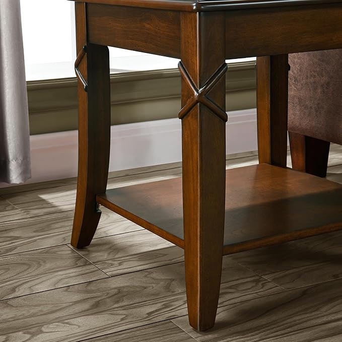 Solid Wood Side End Table with Storage Shelf, Mid-Century Sofa Beside Table with Splicing Top,Telephone Table for Living Room, 19.7"L x 17.9"W x 19.7"H Easy Assembly, Cherry Brown CJZ-DR200