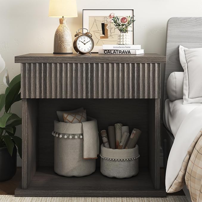 UNIQUITE Fluted Nightstand Set of 2, 22.8" Wide Nightstands with Drawer Storage Large Wood BedsideTable Night Stands for Bedroom, Grey Oak - Image 7