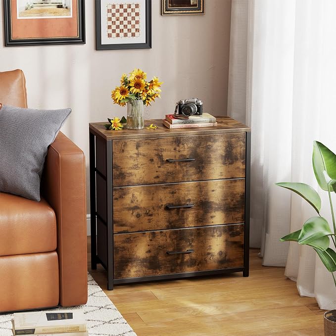 Memobarco Nightstand, End Table, Bedside Table, Small Tall Dresser for Bedroom with 3 Storage Drawer, Chest of Drawers Fabric Dressers with Steel Frame, Wooden Top & Front for Living Room - Image 7