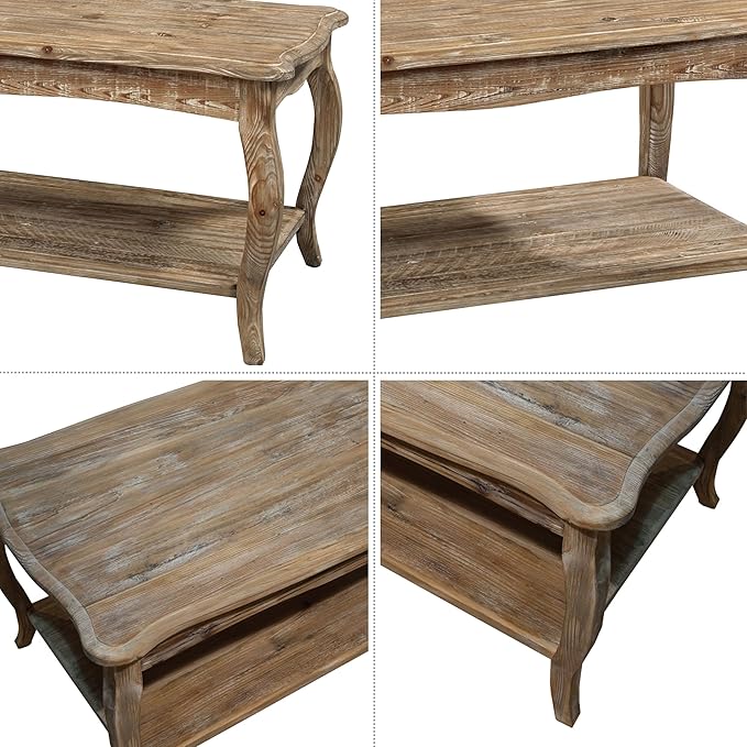 Alaterre Furniture Austerity 42-Inch Rustic Coffee Table with Open Shelf, Curved Legs, and Scalloped Edge - Easy Assembly Reclaimed Wood Living Room Table - Farmhouse Furniture (Driftwood Finish)