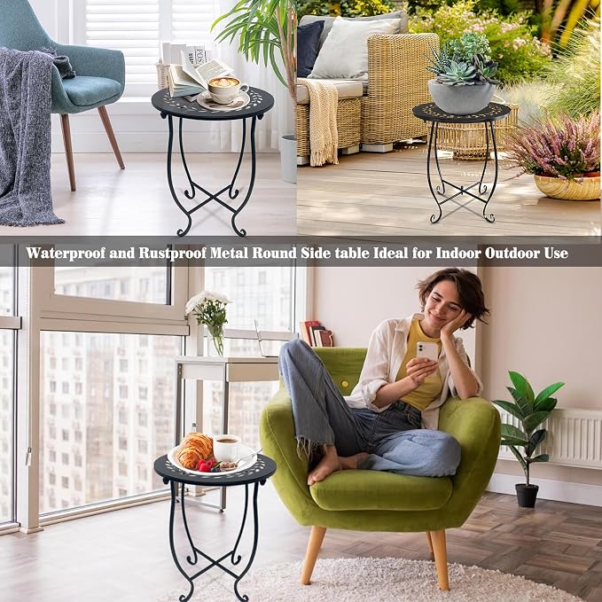 Round Side Table, 1 Pack 14 Inch Bedside Table for Living Room, Bedroom, Weather Resistant Black Metal Outdoor Side Table for Patio Balcony Yard Porch Garden, Plant Stand for Indoor Outdoor Use - Image 7