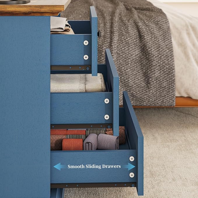 Night Stands Set 2 with Charging Station, Bedside Table with 2 Drawers Storage and Open Shelf, Wood Farmhouse Nightstands with Outlets for Bedroom Office, Blue - Image 6