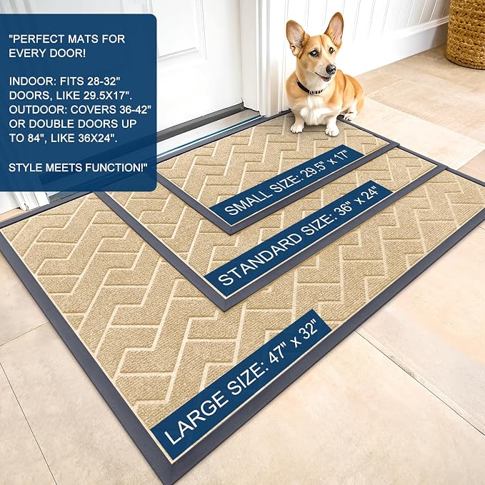 OLANLY Front Door Mat Indoor Outdoor Entrance, Waterproof All-Season, All-Weather Doormat, Sturdy Natural Rubber, Low Profile, Easy Clean Patio Porch Entryway Mat, Herringbone Brick (Beige, 59x35) - Image 2