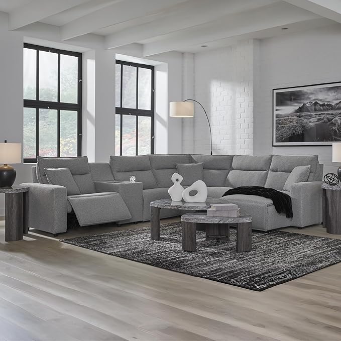 Signature Design by Ashley Modern ModMax II Stain Resistant L-Shape Right-Arm Facing 6-Piece Reclining Sectional with Console and Adjustable Headrest, Gray