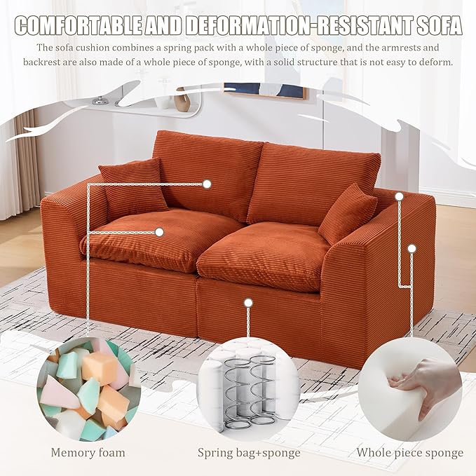 80.3" Cloud Loveseat Boneless Sofas for Living Room, 2 Seaters Modular Foam Cloud Sofa Couches, 2 Seat Compression Foam Couch with Toss Pillows, No Assembly Required
