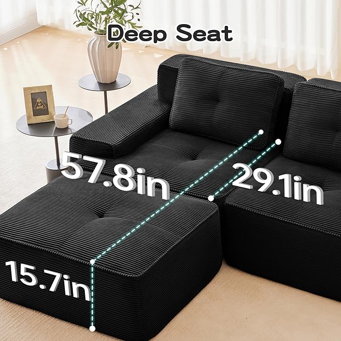 Casaphoria 80" Black Corduroy Cloud Couch, Boneless Modular Sectional Sofa for Living Room with Deep 2-Seat & 1-Ottoman, L Shape Cloud Couch No Assembly Required